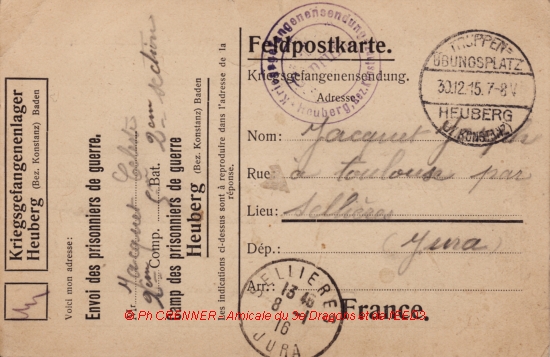 Carte d'un prisonnier Français en date du 29 décembre 1916